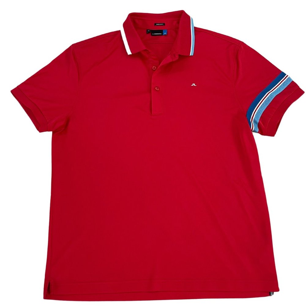 J.Lindeberg Regular Fit XXL Men's Polo Fieldsensor Red Blue Golf Short Sleeve